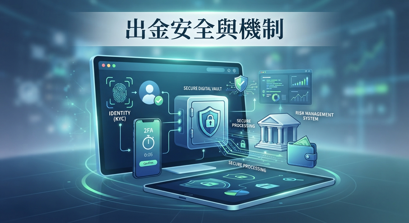 這張圖片展示了現代數位金融與加密貨幣平台的「出金安全與機制」。畫面核心為一個大型加密數位金庫與身分驗證(KYC)圖示,象徵嚴格的安全防護與交易審查流程。