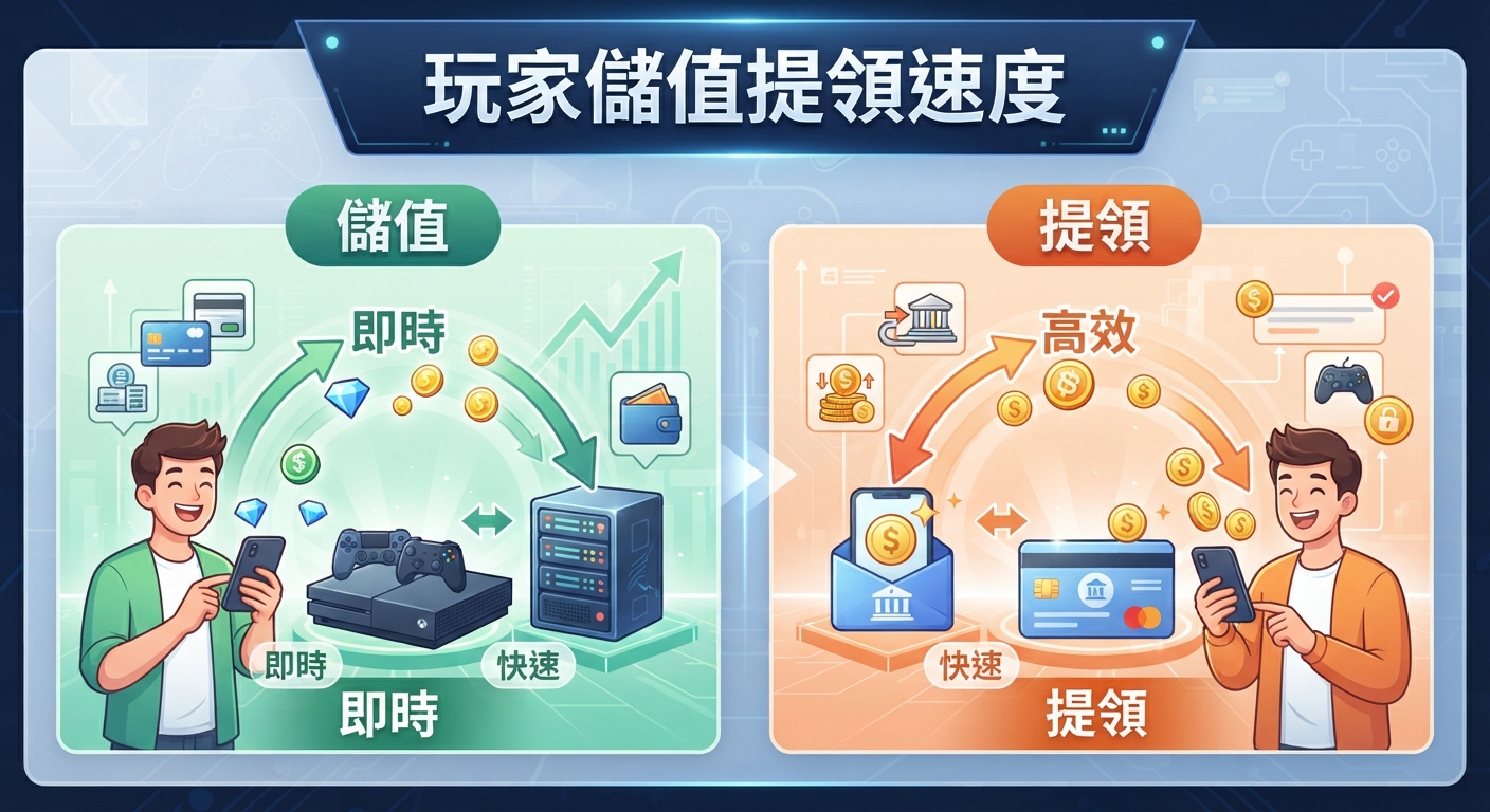 這張圖片展示了玩家在遊戲中進行儲值與提領的速度與流暢度。 畫面透過左右分屏與插圖,強調了即時充值與高效提領的便捷體驗。