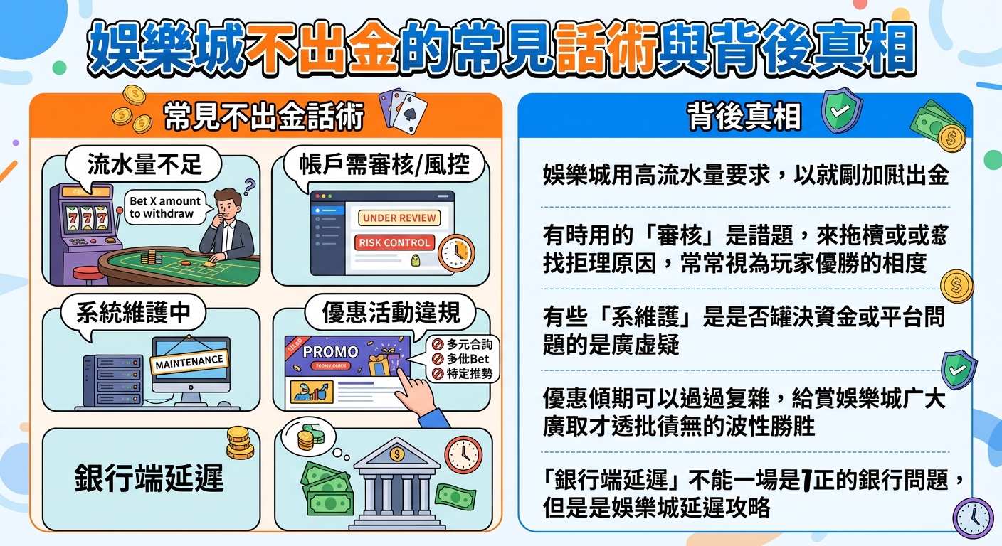 這張圖片是一份採插圖風格的資訊圖表，標題為「娛樂城不出金的常見話術與背後真相」。 畫面分為左右兩欄，左側列出流水量不足、風控審核與系統維護等藉口，右側則解析平台藉故拖延或扣留資金的真實目的。