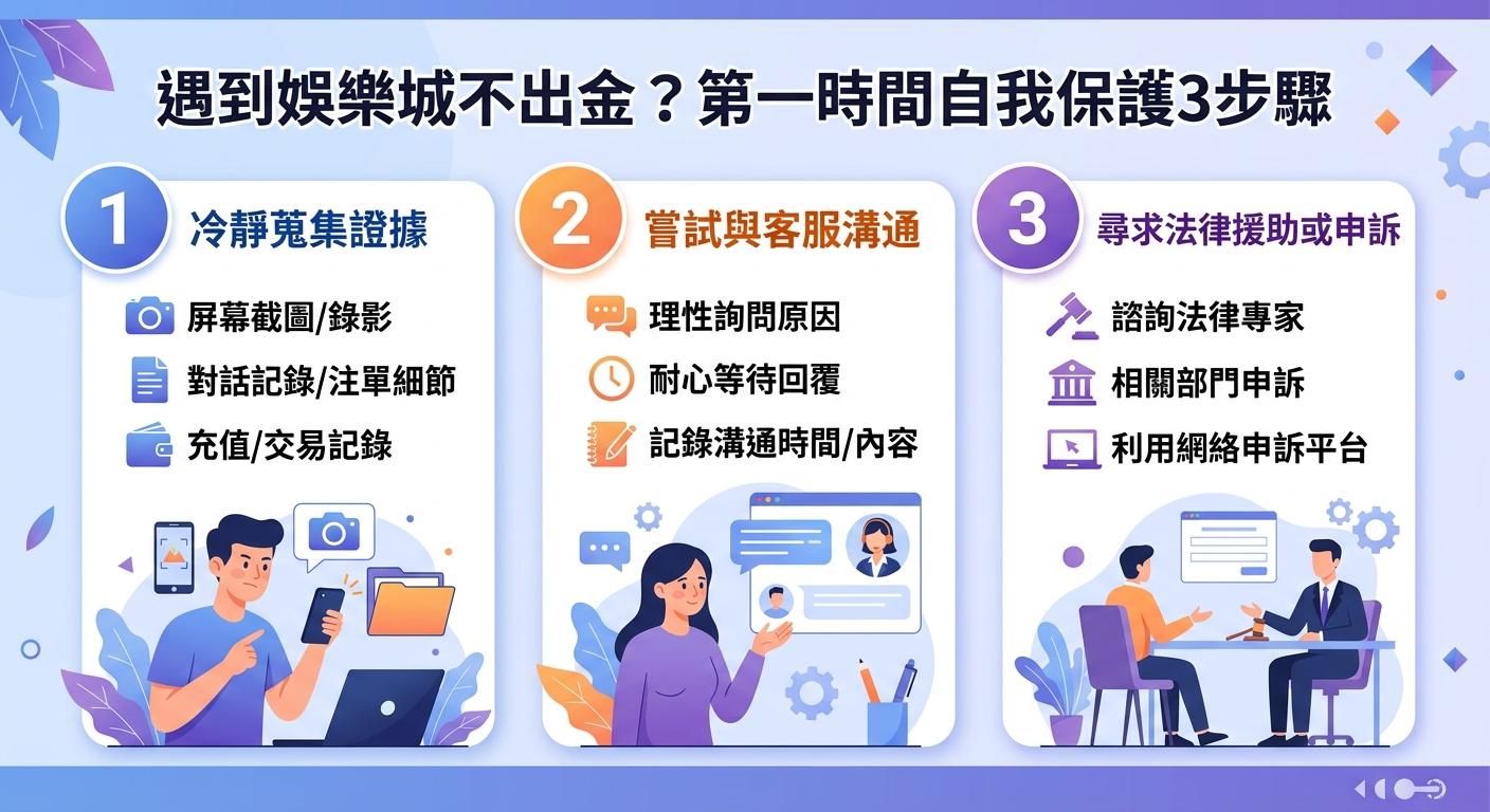 這張圖片展示了一個分為三個步驟的自保指南圖表,頂部標有主題標題。 內容以現代扁平化插圖呈現,分別說明了冷靜蒐集證據、與客服溝通以及尋求法律援助或申訴的具體細節。
