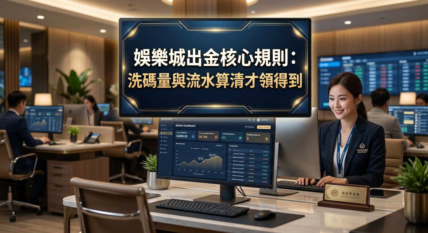 這張圖片展示了一間現代化且專業的辦公環境，前景中有一面顯眼的黑色尊貴框牌，上面印有中文標題。 右側一位身穿制服且親切微笑的客服人員坐在電腦前，電腦螢幕上顯示著詳細的數據儀表板與營運圖表。