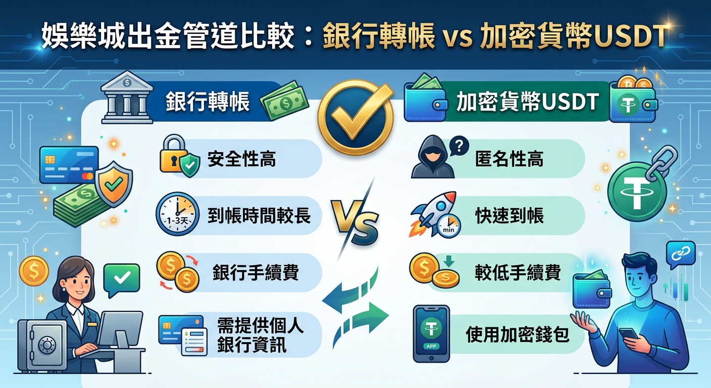 這張圖片呈現了娛樂城出金管道的比較，左側代表「銀行轉帳」，右側代表「加密貨幣USDT」。 畫面透過豐富的圖示與文字，對比了兩者的安全性、到帳速度、手續費及個人資料需求。