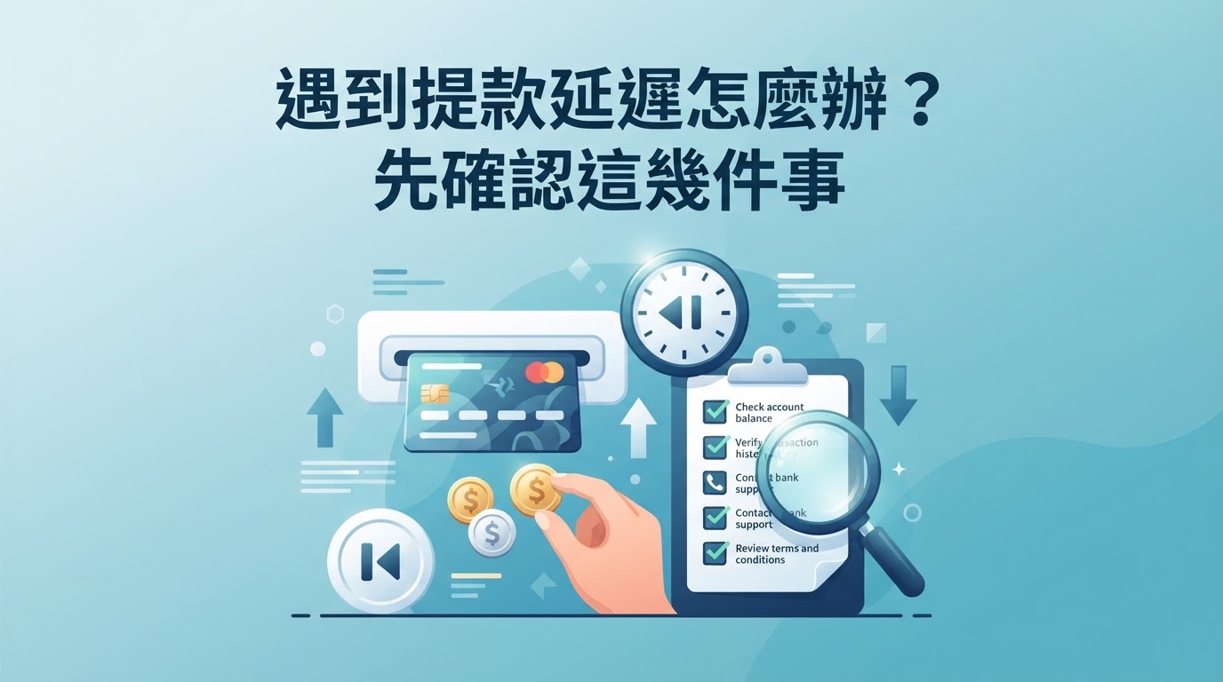 這是一張以金融主題為設計的專業插畫，畫面中有銀行卡、硬幣、象徵延遲的時鐘，以及搭配放大鏡的檢查清單，整體採用藍綠色漸層背景與現代扁平化風格，營造出沉穩可信賴的氛圍。 圖片上方以醒目的粗體字呈現唯一的標題文字「遇到提款延遲怎麼辦？先確認這幾件事」，清晰易讀，是整張圖的視覺焦點。